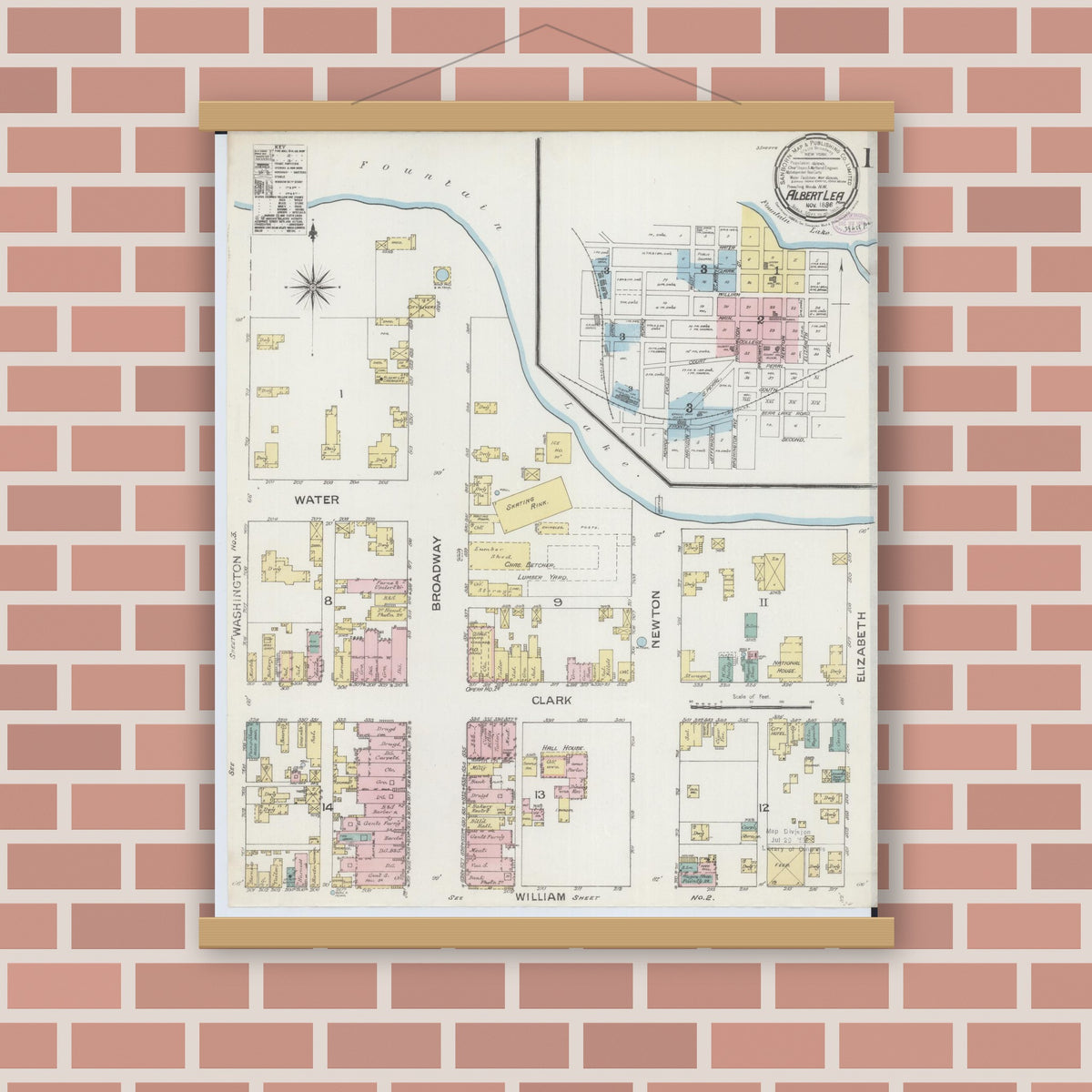 Old map wall art mockup — magnetic wood frame on brick wall — Sanborn Fire Insurance Map from Albert Lea, Freeborn County, Minnesota (1886) - Complete Map Set