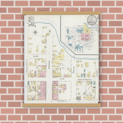 Old map wall art mockup — magnetic wood frame on brick wall — Sanborn Fire Insurance Map from Albert Lea, Freeborn County, Minnesota (1886) - Complete Map Set
