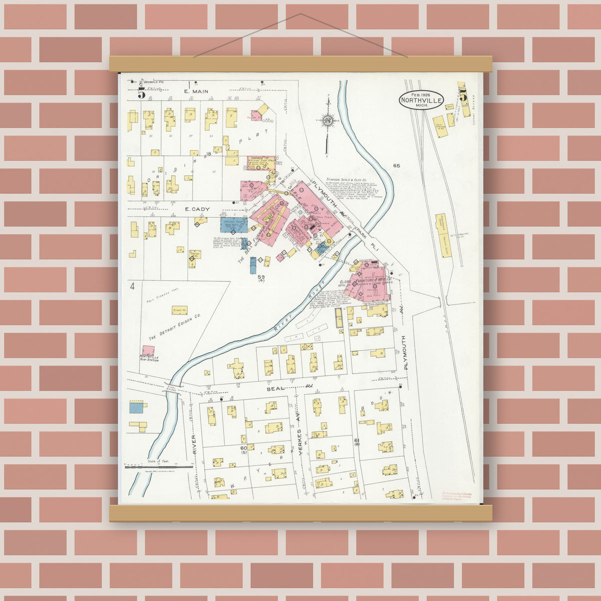 Old map wall art mockup — magnetic wood frame on brick wall — Sanborn Fire Insurance Map from Northville, Wayne County, Michigan (1926), Sheet #0005