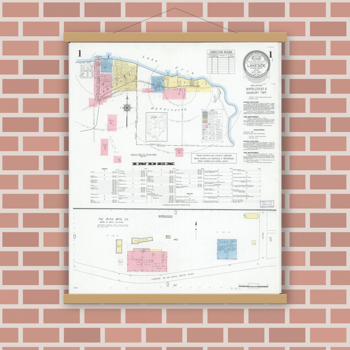 Old map wall art mockup — magnetic wood frame on brick wall — Sanborn Fire Insurance Map from Lakeside, Ottawa County, Ohio (1946), Sheet #0001