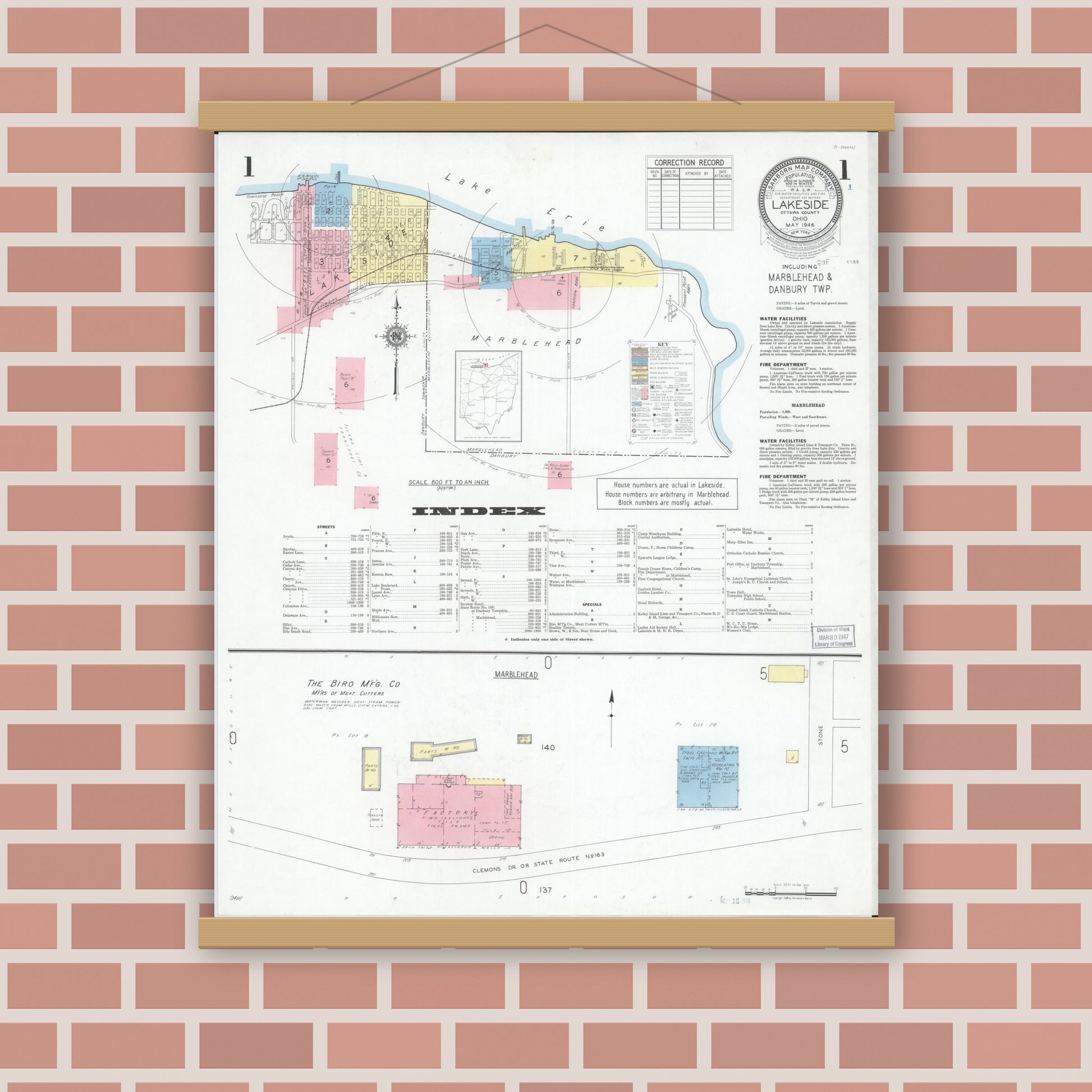 Old map wall art mockup — magnetic wood frame on brick wall — Sanborn Fire Insurance Map from Lakeside, Ottawa County, Ohio (1946), Sheet #0001