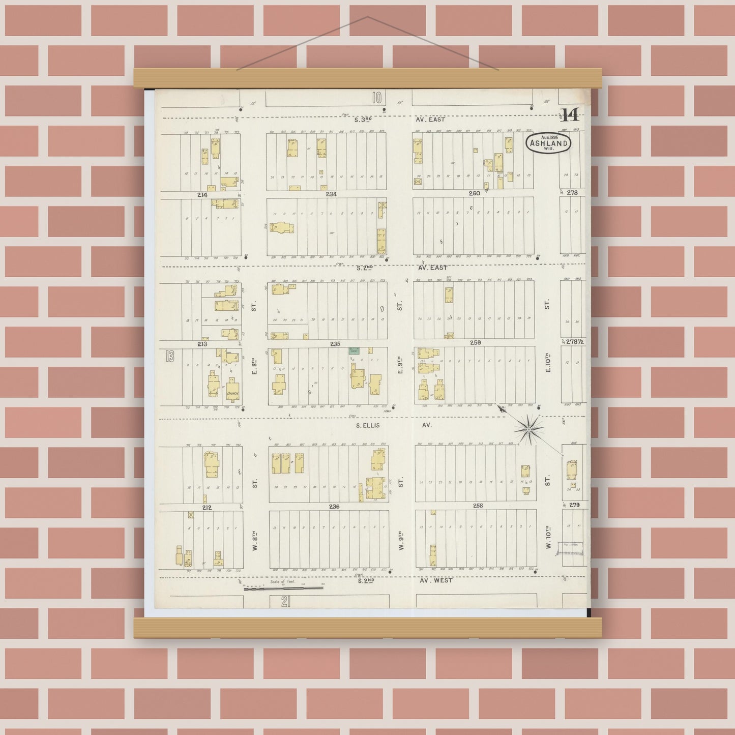 Old map wall art mockup — magnetic wood frame on brick wall — Sanborn Fire Insurance Map from Ashland, Ashland County, Wisconsin (1895), Sheet #0014