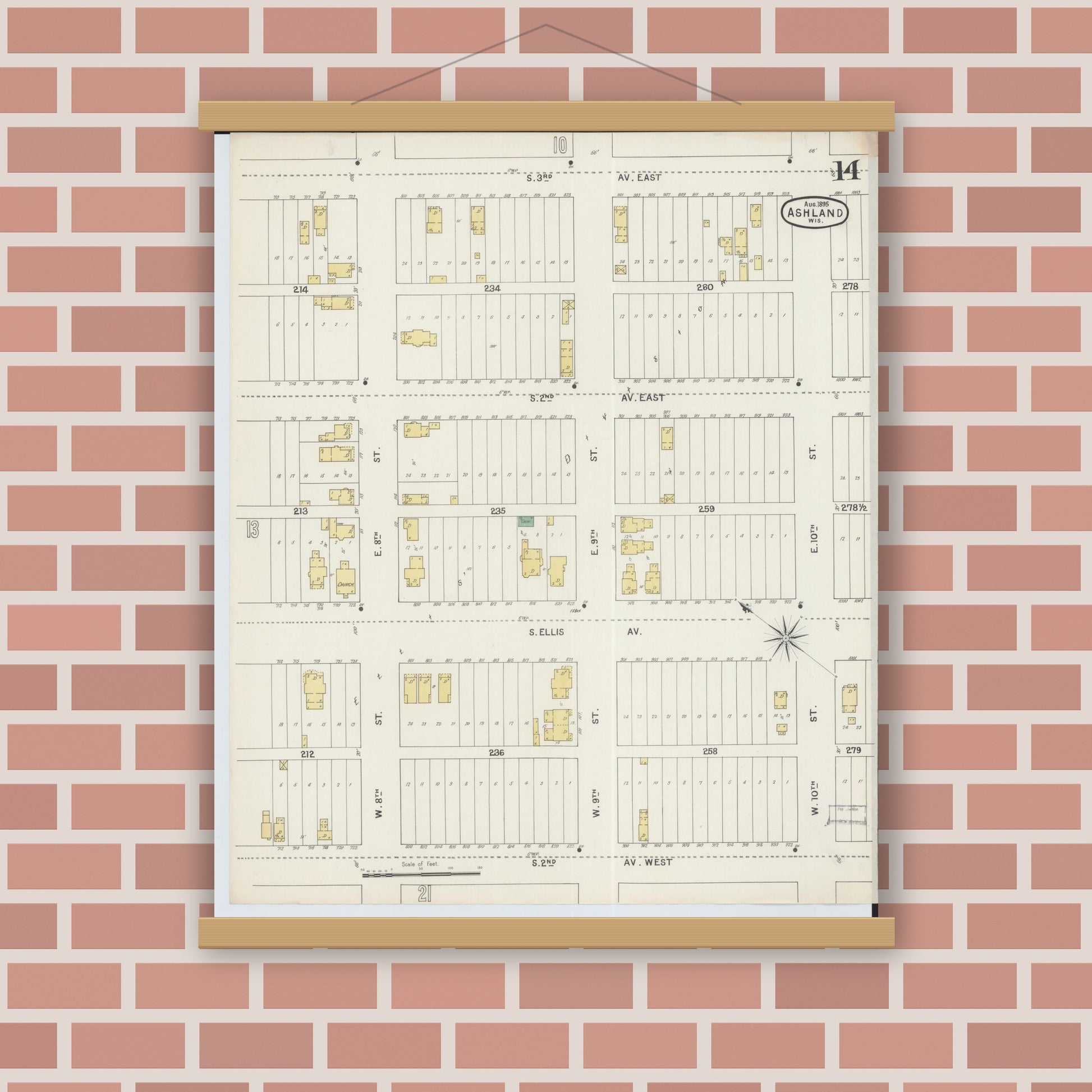 Old map wall art mockup — magnetic wood frame on brick wall — Sanborn Fire Insurance Map from Ashland, Ashland County, Wisconsin (1895), Sheet #0014