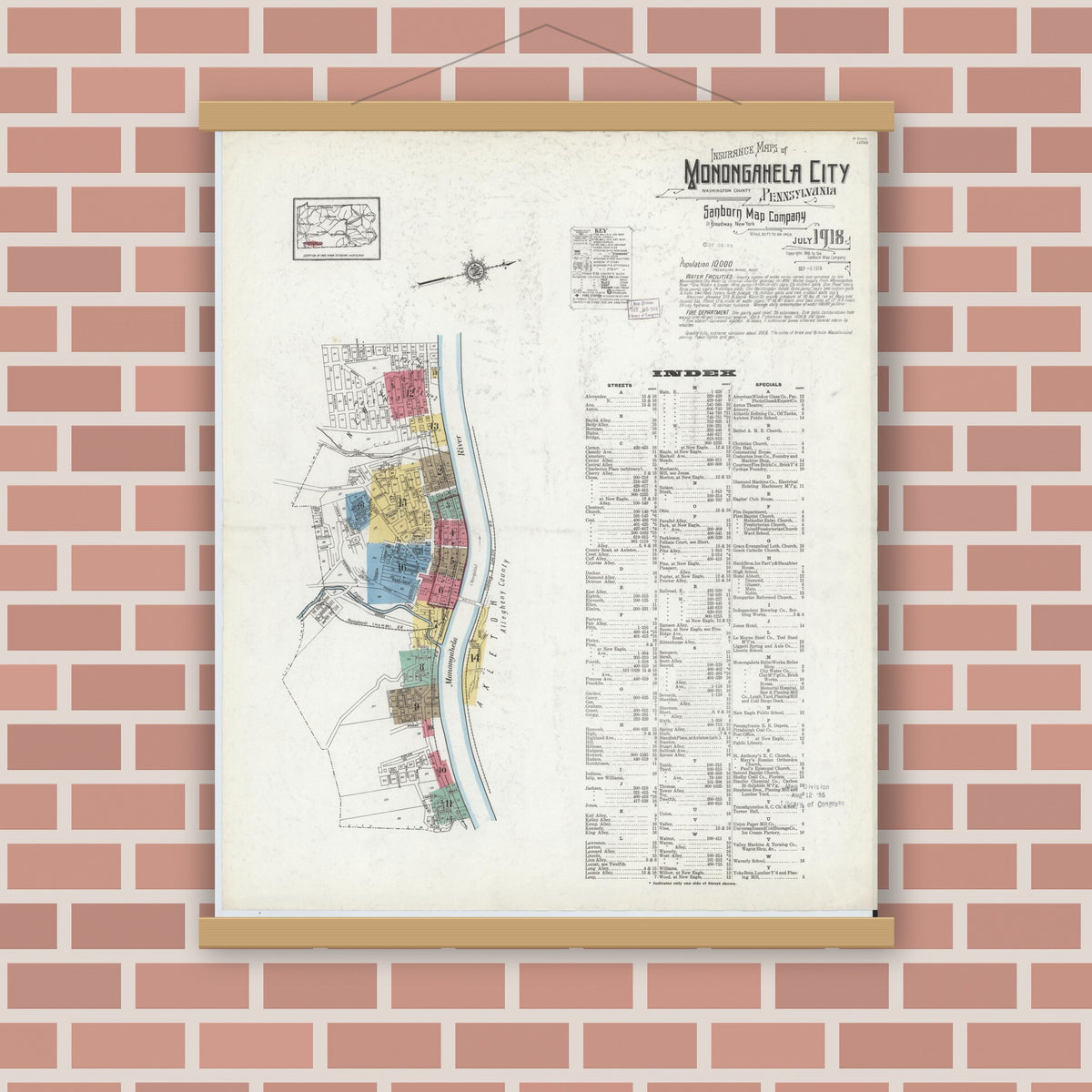 Old map wall art mockup — magnetic wood frame on brick wall — Sanborn Fire Insurance Map from Monongahela City, Washington County, Pennsylvania (1918) - Complete Map Set