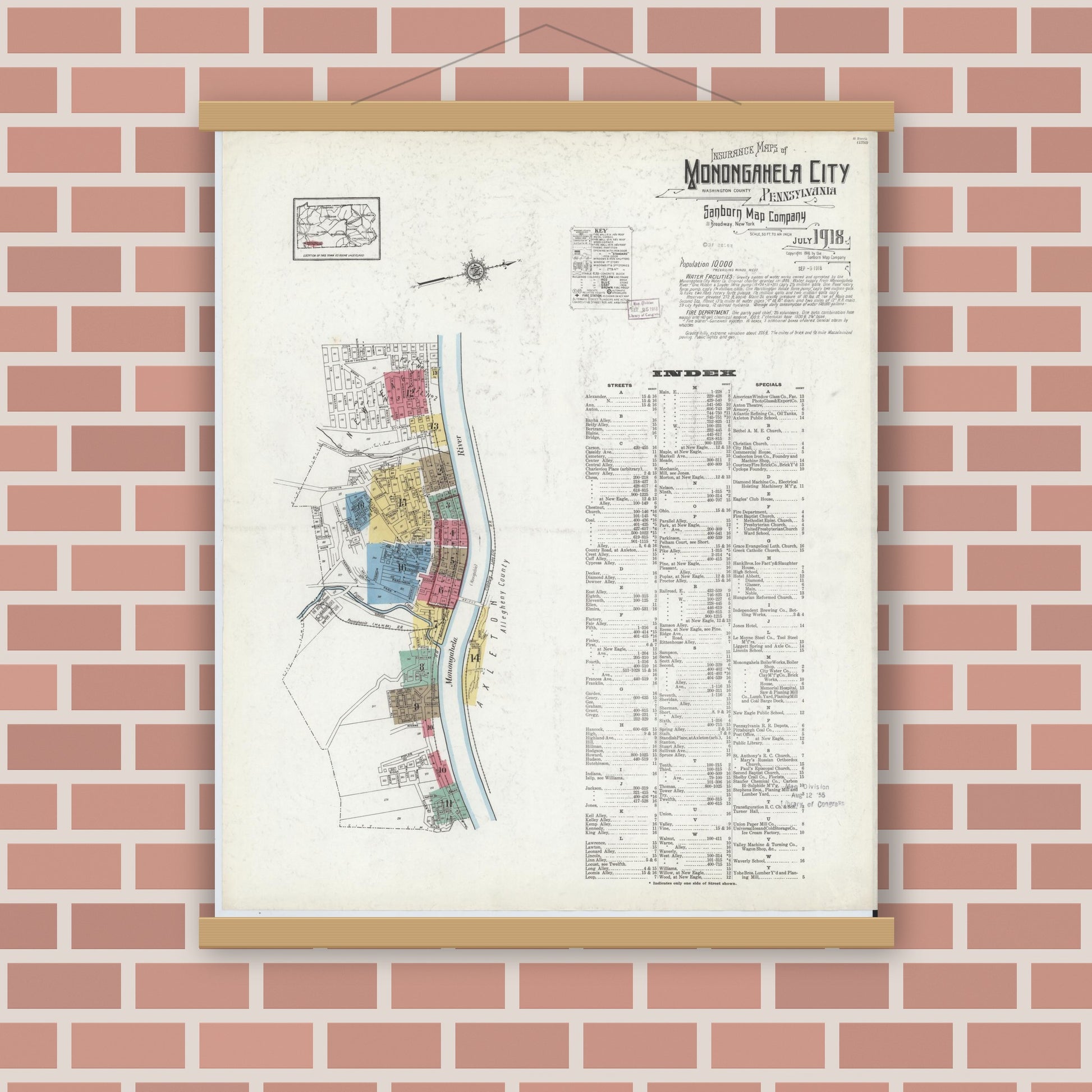 Old map wall art mockup — magnetic wood frame on brick wall — Sanborn Fire Insurance Map from Monongahela City, Washington County, Pennsylvania (1918) - Complete Map Set