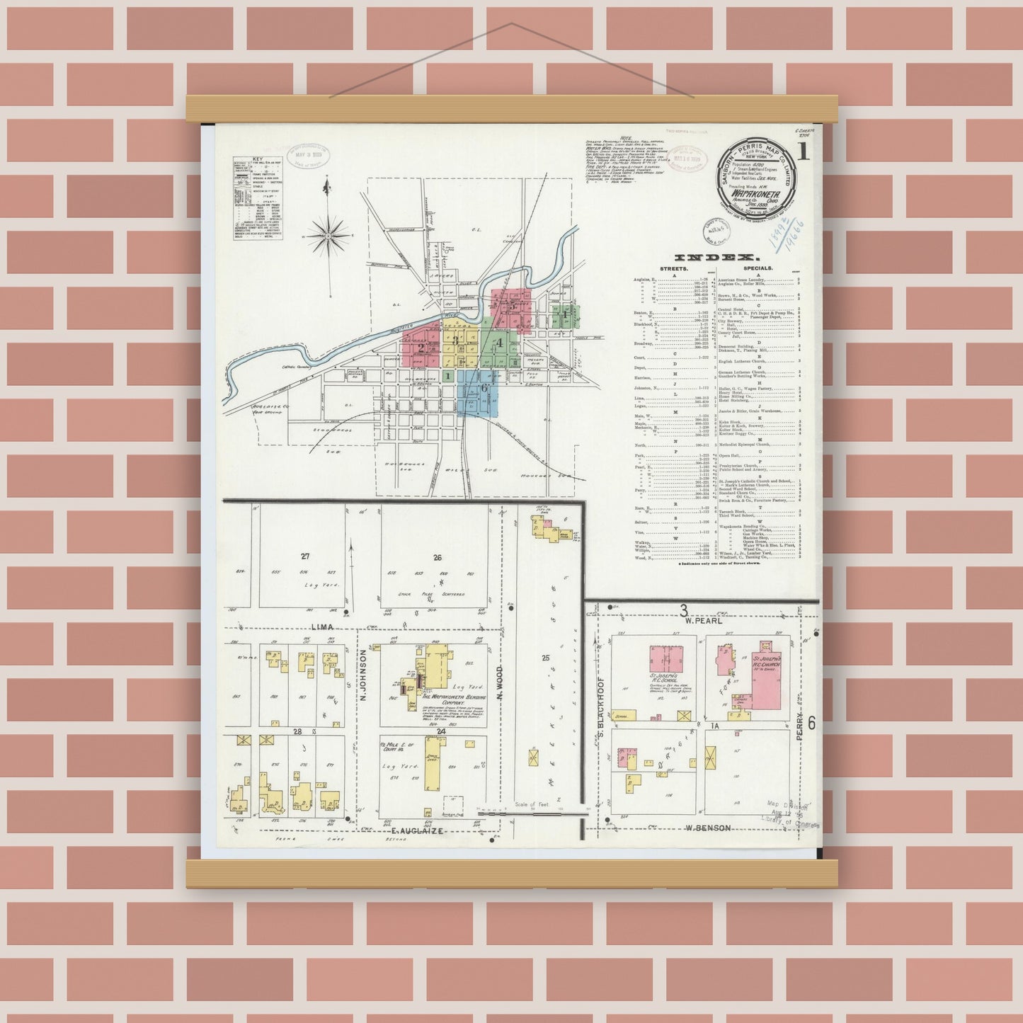 Old map wall art mockup — magnetic wood frame on brick wall — Sanborn Fire Insurance Map from Wapakoneta, Auglaize County, Ohio (1899) - Complete Map Set