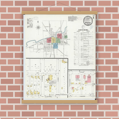 Old map wall art mockup — magnetic wood frame on brick wall — Sanborn Fire Insurance Map from Wapakoneta, Auglaize County, Ohio (1899) - Complete Map Set