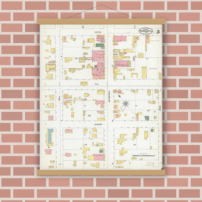 Old map wall art mockup — magnetic wood frame on brick wall — Sanborn Fire Insurance Map from New Braunfels, Comal County, Texas (1902), Sheet #0003