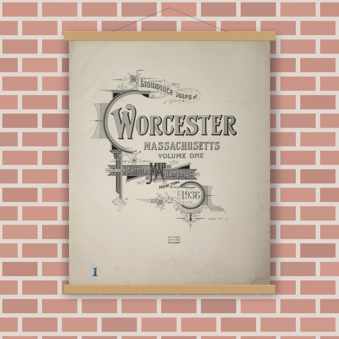 Old map wall art mockup — magnetic wood frame on brick wall — Sanborn Fire Insurance Map from Worcester, Worcester County, Massachusetts (1936) - Complete Map Set