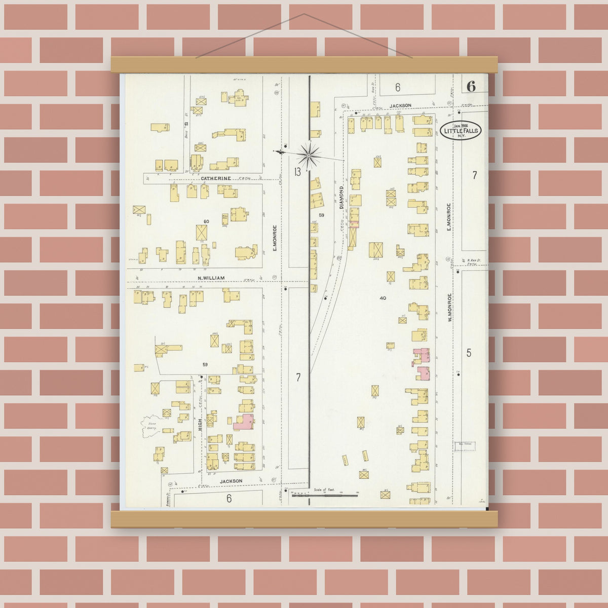 Old map wall art mockup — magnetic wood frame on brick wall — Sanborn Fire Insurance Map from Little Falls, Herkimer County, New York (1906), Sheet #0006