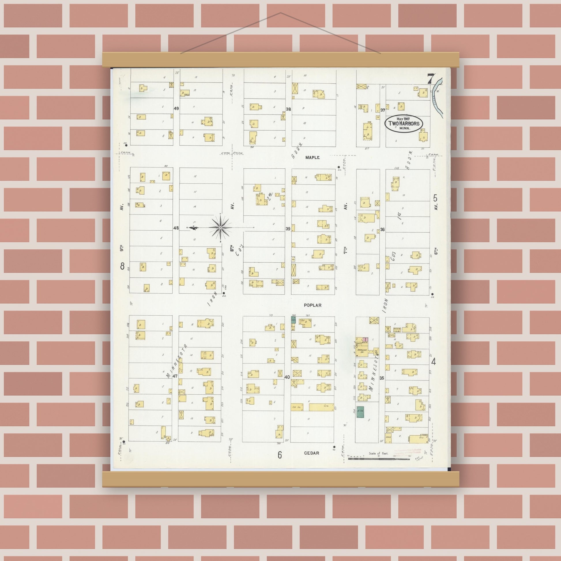 Old map wall art mockup — magnetic wood frame on brick wall — Sanborn Fire Insurance Map from Two Harbors, Lake County, Minnesota (1907), Sheet #0007