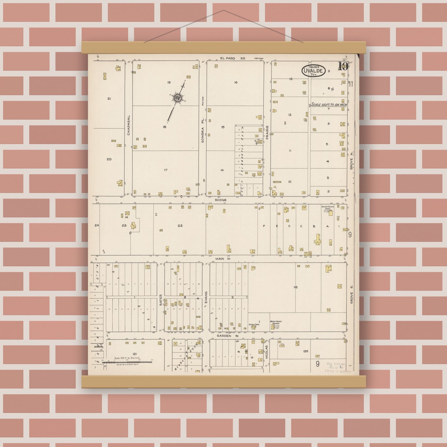 Old map wall art mockup — magnetic wood frame on brick wall — Sanborn Fire Insurance Map from Uvalde, Uvalde County, Texas (1922), Sheet #0010
