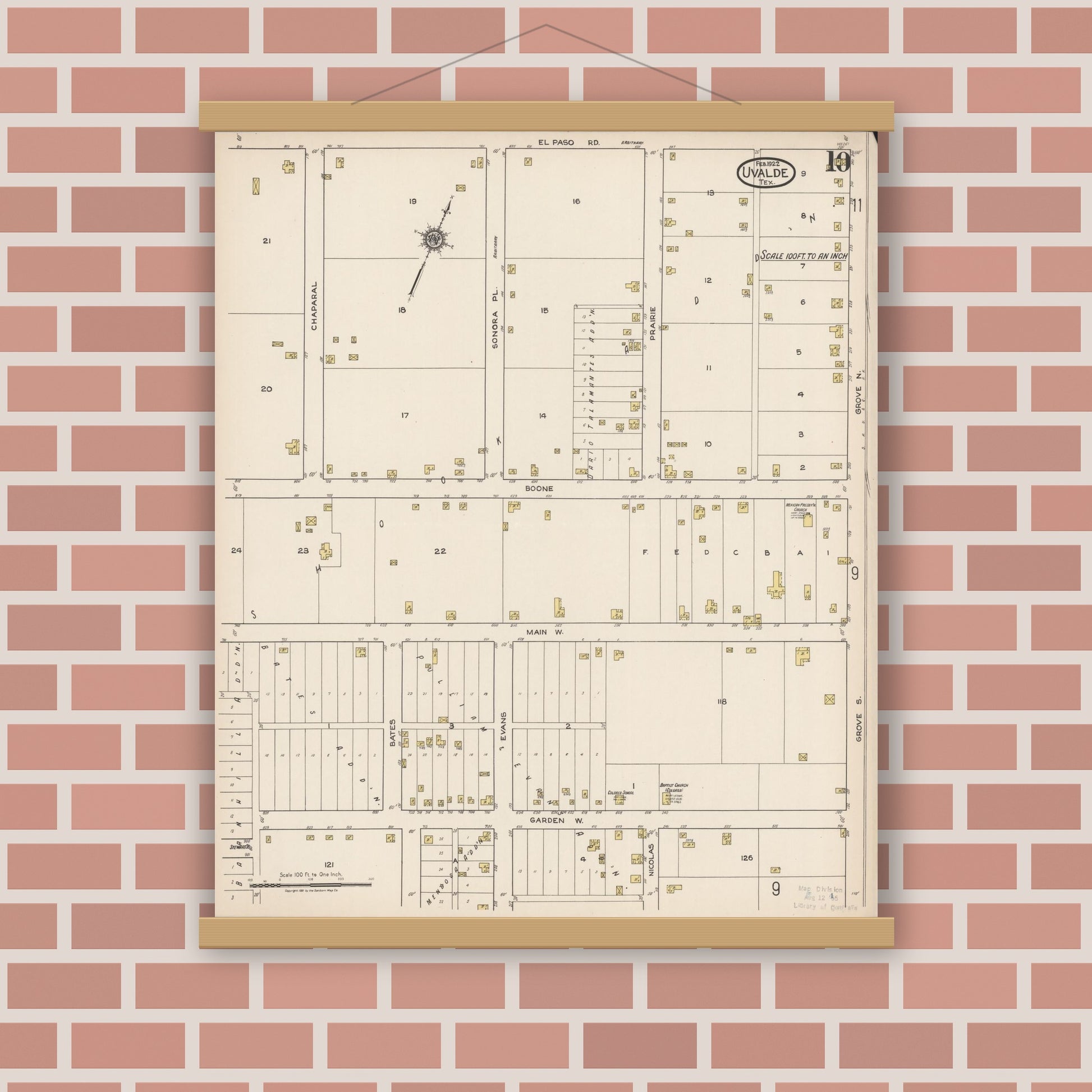 Old map wall art mockup — magnetic wood frame on brick wall — Sanborn Fire Insurance Map from Uvalde, Uvalde County, Texas (1922), Sheet #0010