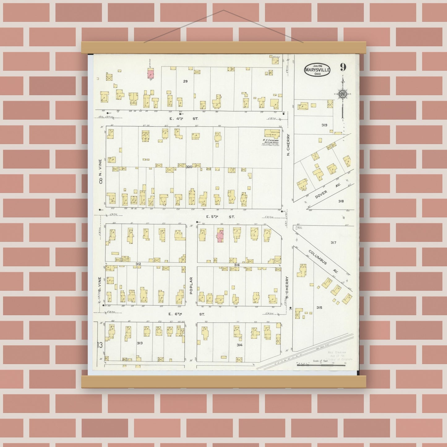 Old map wall art mockup — magnetic wood frame on brick wall — Sanborn Fire Insurance Map from Marysville, Union County, Ohio (1916), Sheet #0009