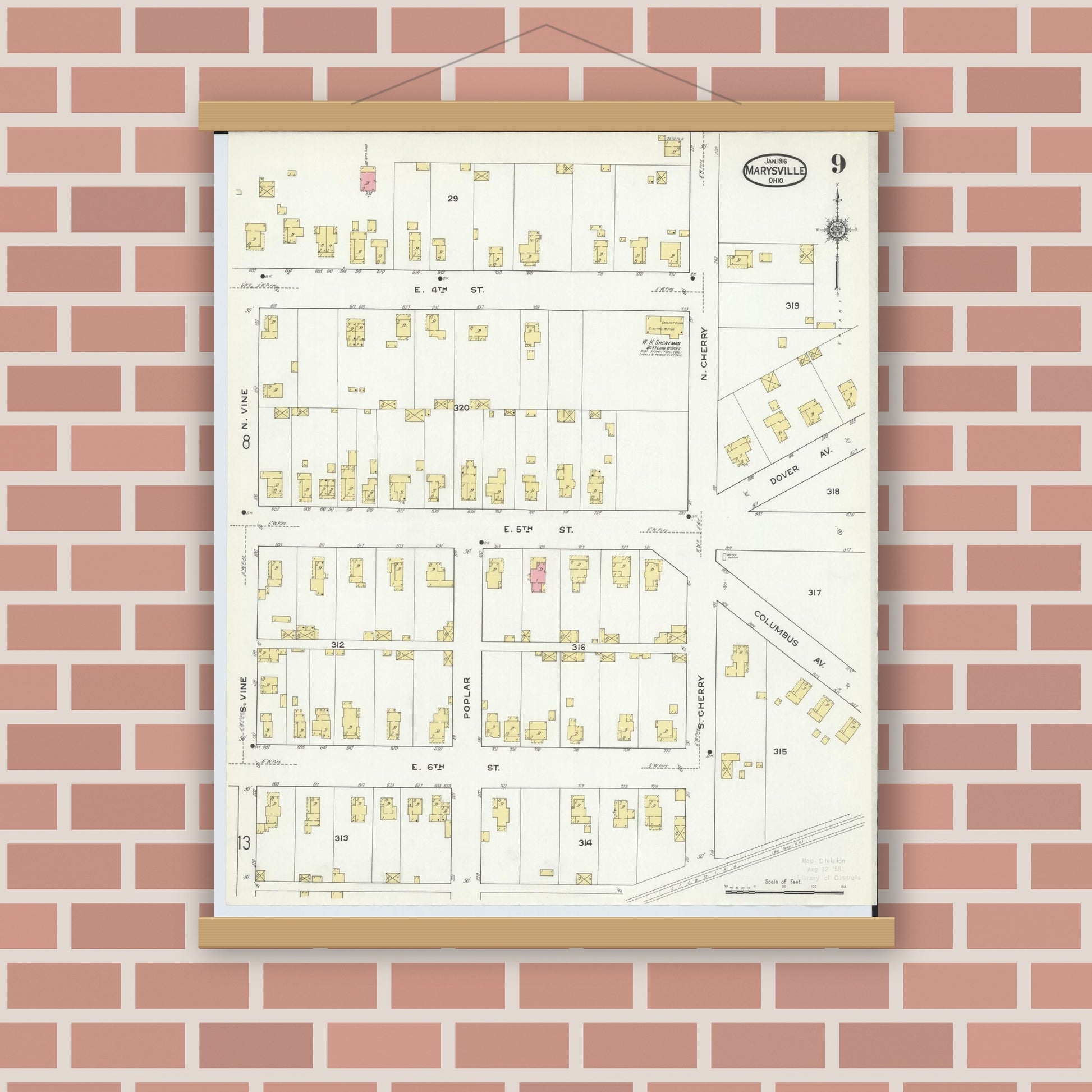 Old map wall art mockup — magnetic wood frame on brick wall — Sanborn Fire Insurance Map from Marysville, Union County, Ohio (1916), Sheet #0009