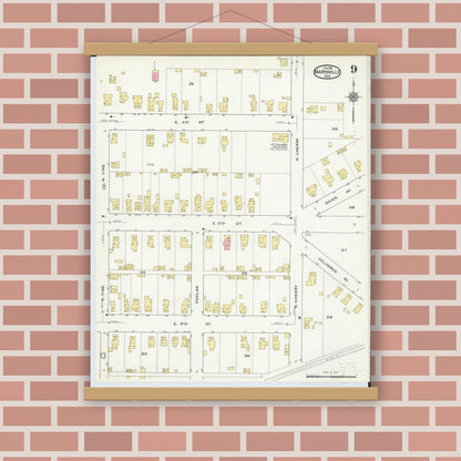 Old map wall art mockup — magnetic wood frame on brick wall — Sanborn Fire Insurance Map from Marysville, Union County, Ohio (1916), Sheet #0009