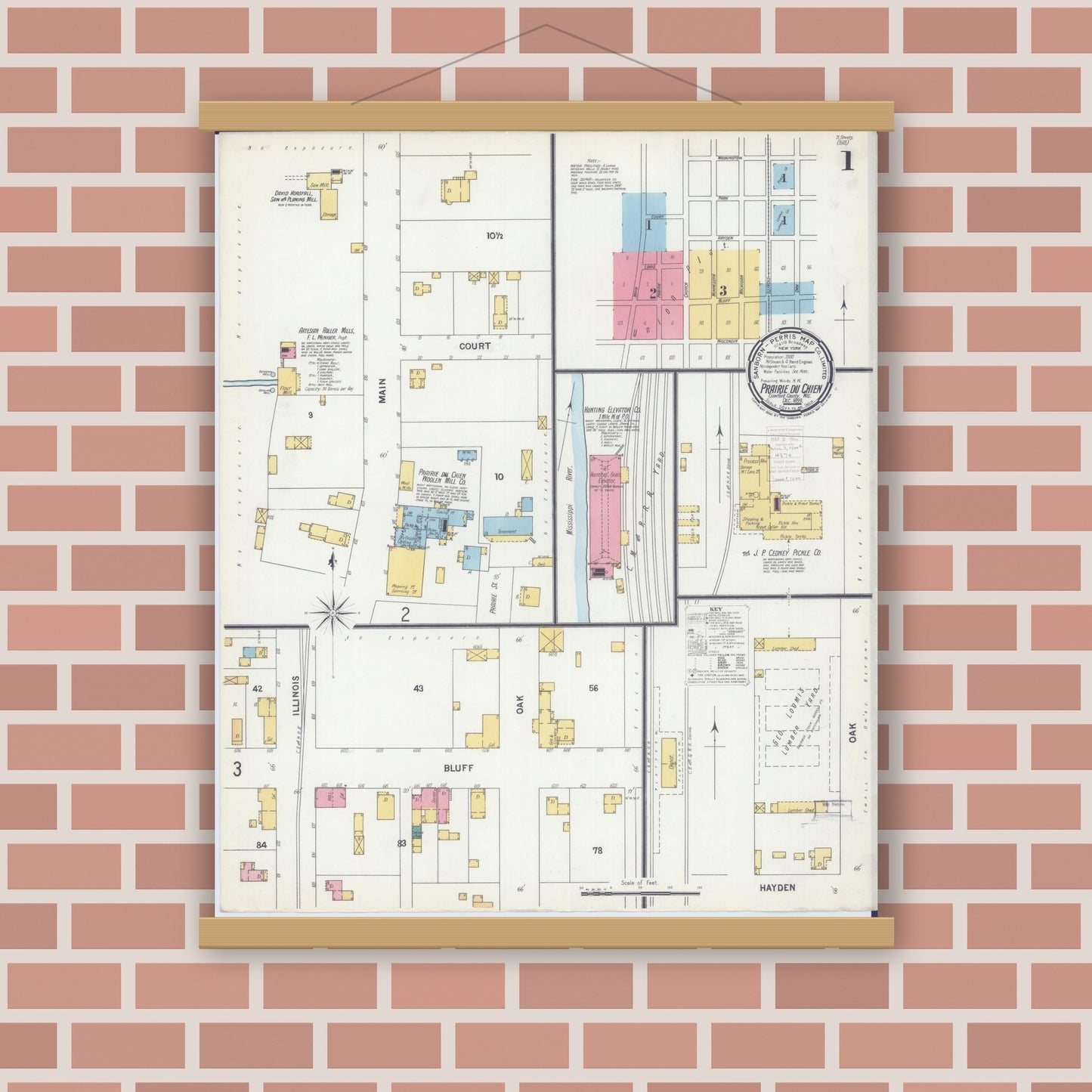Old map wall art mockup — magnetic wood frame on brick wall — Sanborn Fire Insurance Map from Prairie du Chien, Crawford County, Wisconsin (1899) - Complete Map Set