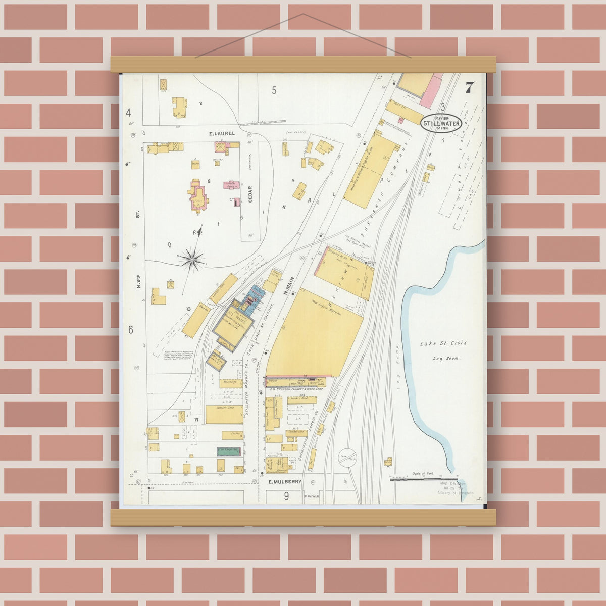Old map wall art mockup — magnetic wood frame on brick wall — Sanborn Fire Insurance Map from Stillwater, Washington County, Minnesota (1904), Sheet #0007