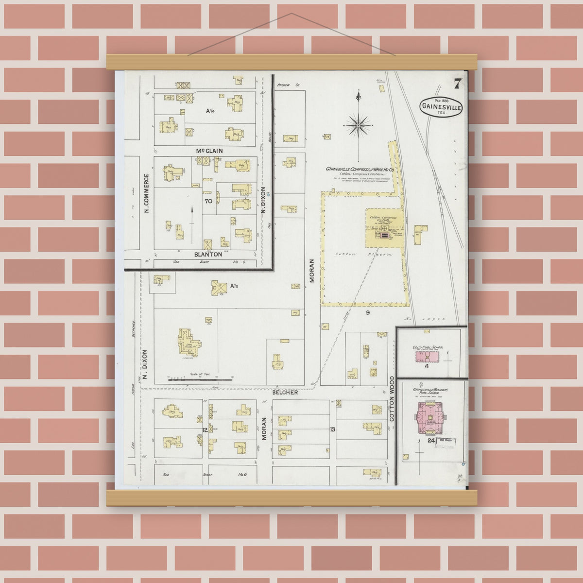 Old map wall art mockup — magnetic wood frame on brick wall — Sanborn Fire Insurance Map from Gainesville, Cooke County, Texas (1888), Sheet #0007