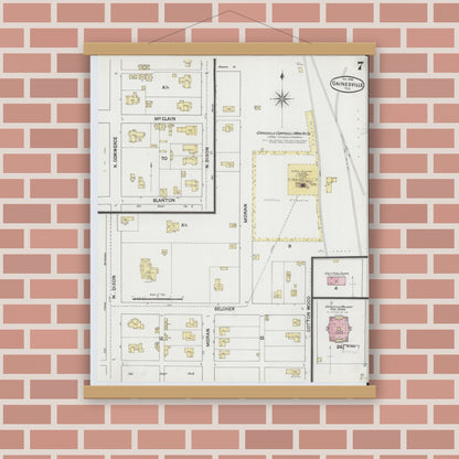 Old map wall art mockup — magnetic wood frame on brick wall — Sanborn Fire Insurance Map from Gainesville, Cooke County, Texas (1888), Sheet #0007