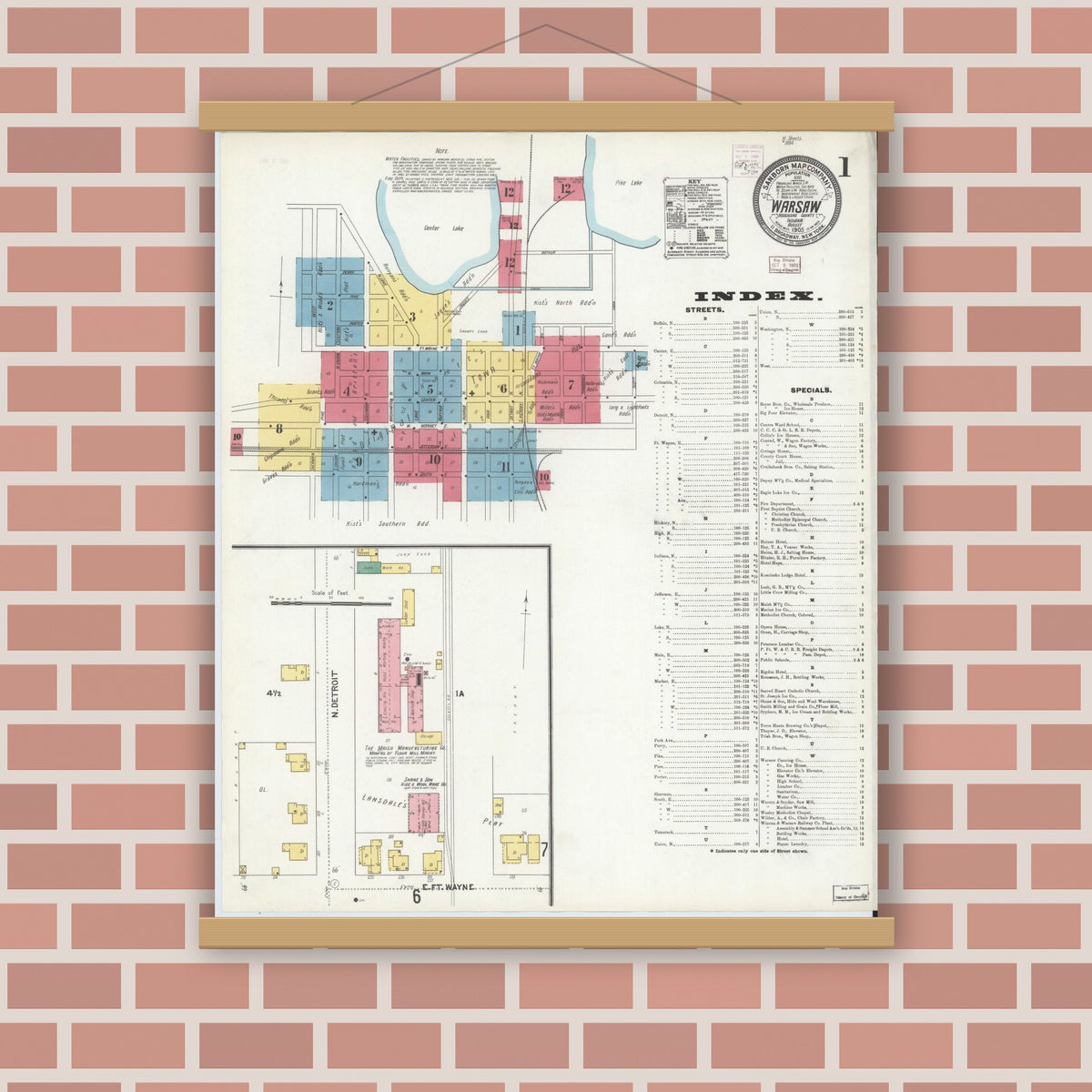 Old map wall art mockup — magnetic wood frame on brick wall — Sanborn Fire Insurance Map from Warsaw, Kosciusko County, Indiana (1905) - Complete Map Set