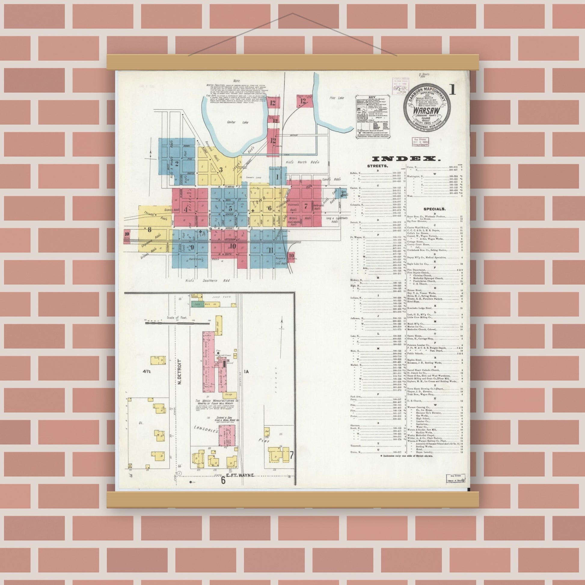 Old map wall art mockup — magnetic wood frame on brick wall — Sanborn Fire Insurance Map from Warsaw, Kosciusko County, Indiana (1905) - Complete Map Set