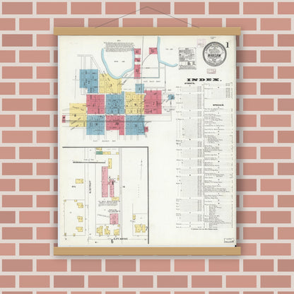 Old map wall art mockup — magnetic wood frame on brick wall — Sanborn Fire Insurance Map from Warsaw, Kosciusko County, Indiana (1905) - Complete Map Set