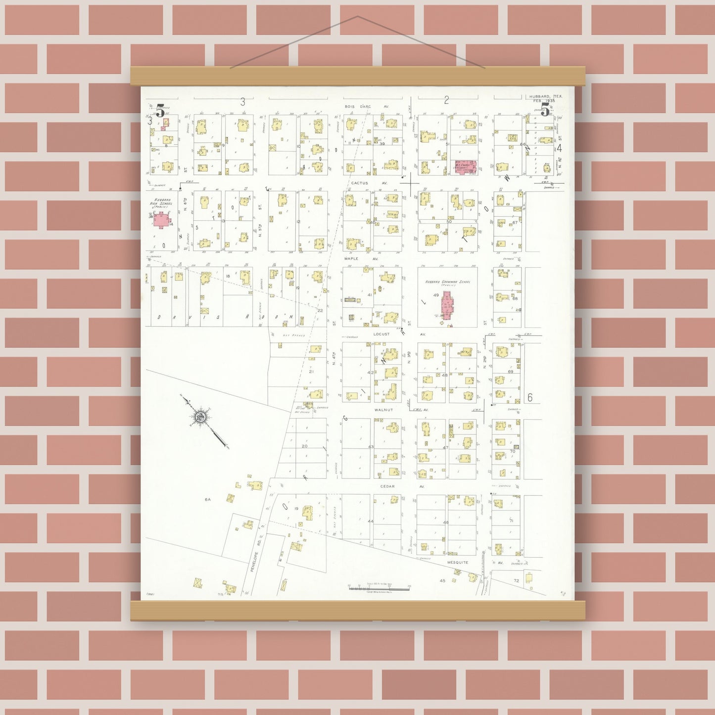 Old map wall art mockup — magnetic wood frame on brick wall — Sanborn Fire Insurance Map from Hubbard, Hill County, Texas (1935), Sheet #0005