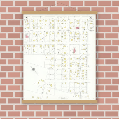 Old map wall art mockup — magnetic wood frame on brick wall — Sanborn Fire Insurance Map from Hubbard, Hill County, Texas (1935), Sheet #0005