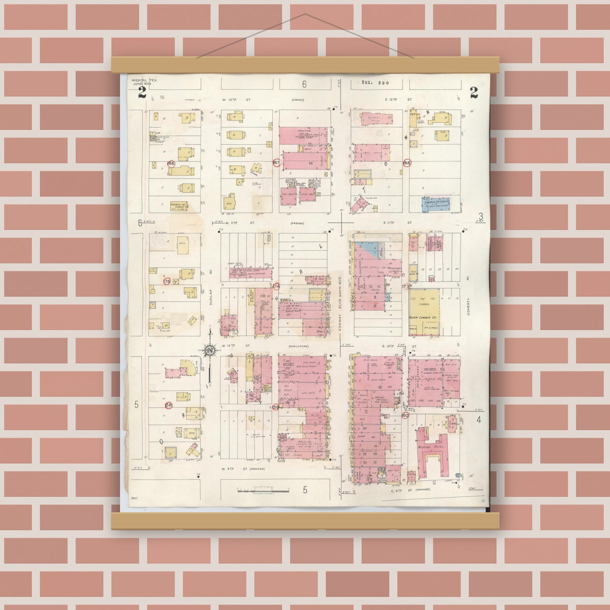 Old map wall art mockup — magnetic wood frame on brick wall — Sanborn Fire Insurance Map from Mission, Hidalgo County, Texas (1949), Sheet #0002