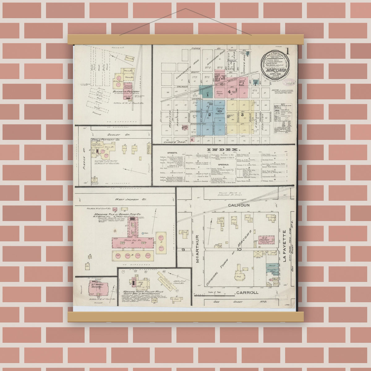 Old map wall art mockup — magnetic wood frame on brick wall — Sanborn Fire Insurance Map from Macomb, Mcdonough County, Illinois (1886), Sheet #0001