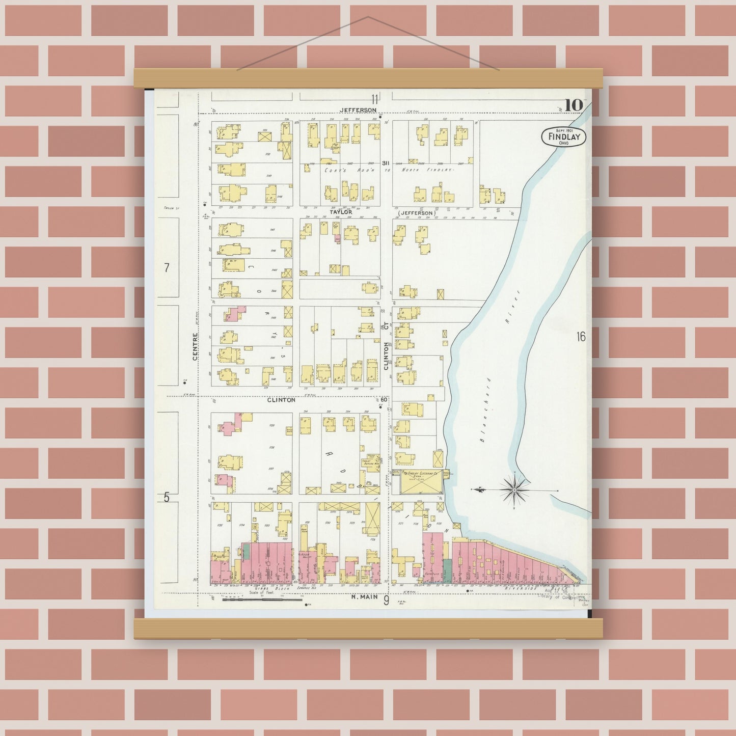 Old map wall art mockup — magnetic wood frame on brick wall — Sanborn Fire Insurance Map from Findlay, Hancock County, Ohio (1901), Sheet #0010