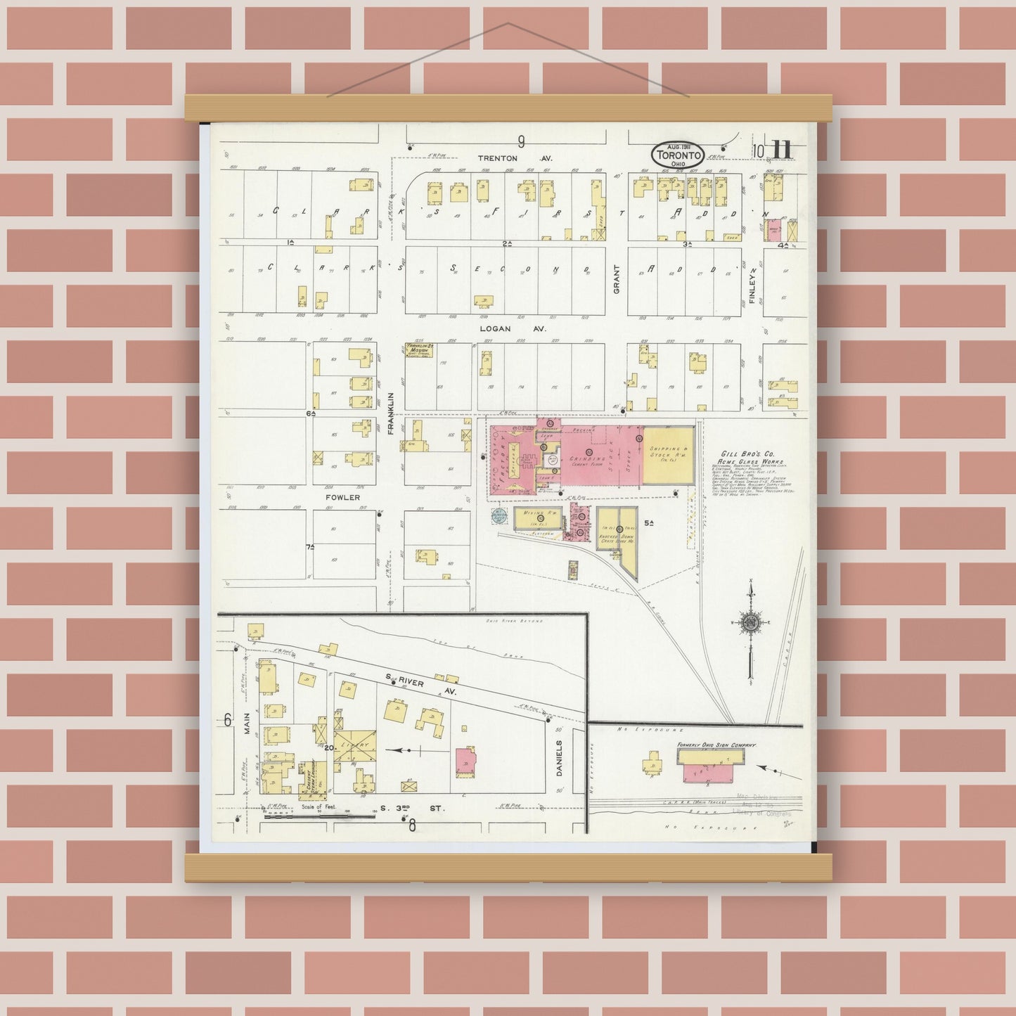 Old map wall art mockup — magnetic wood frame on brick wall — Sanborn Fire Insurance Map from Toronto, Jefferson County, Ohio (1911), Sheet #0011