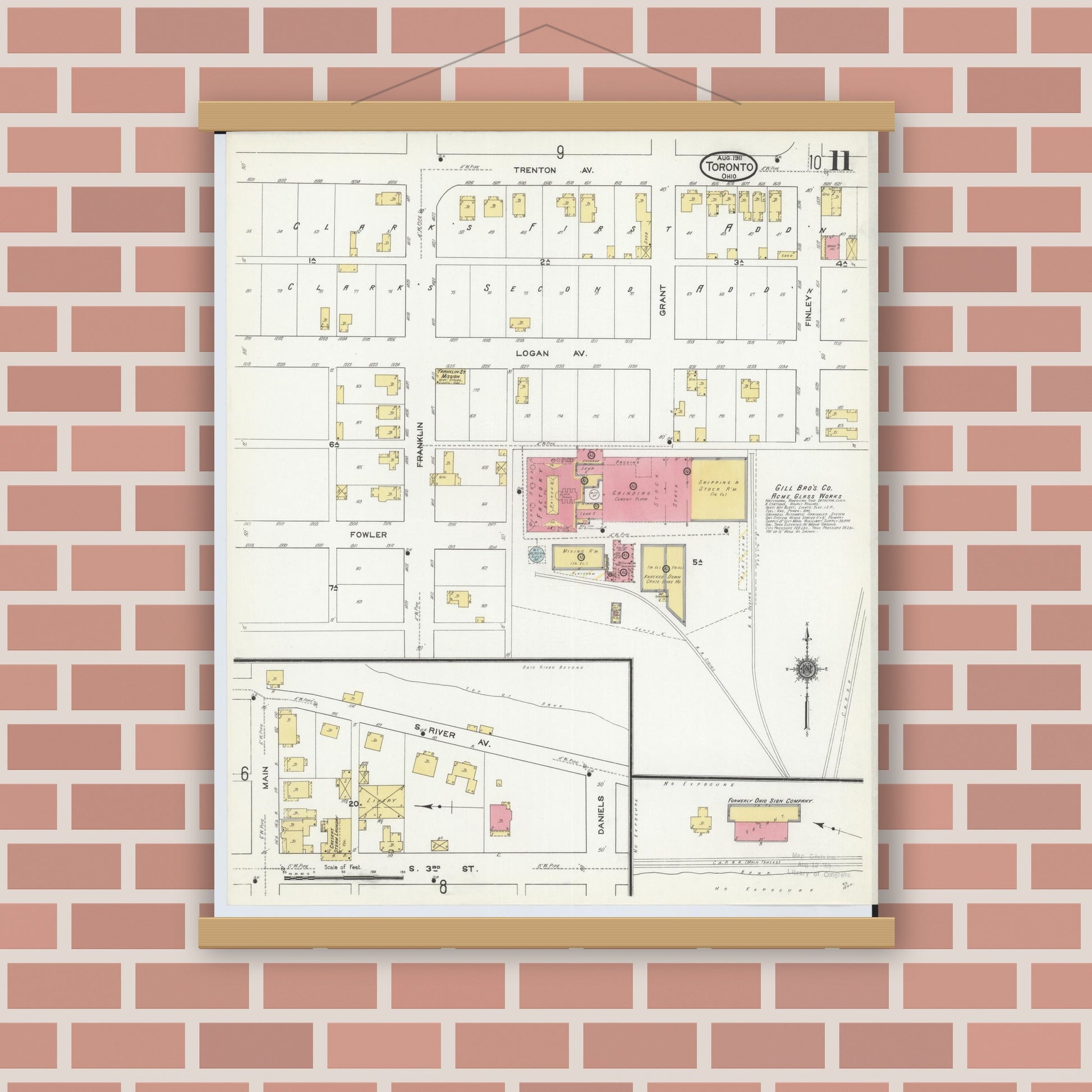 Old map wall art mockup — magnetic wood frame on brick wall — Sanborn Fire Insurance Map from Toronto, Jefferson County, Ohio (1911), Sheet #0011