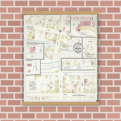 Old map wall art mockup — magnetic wood frame on brick wall — Sanborn Fire Insurance Map from Malvern, Carroll County, Ohio (1911), Sheet #0001