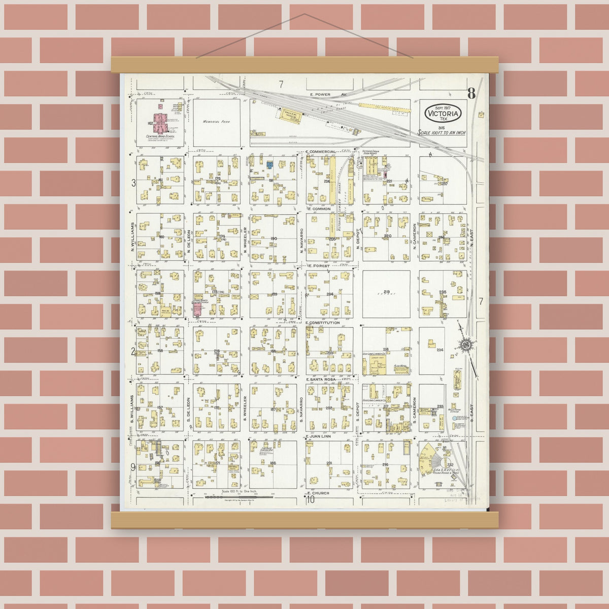 Old map wall art mockup — magnetic wood frame on brick wall — Sanborn Fire Insurance Map from Victoria, Victoria County, Texas (1917), Sheet #0008