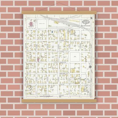 Old map wall art mockup — magnetic wood frame on brick wall — Sanborn Fire Insurance Map from Victoria, Victoria County, Texas (1917), Sheet #0008
