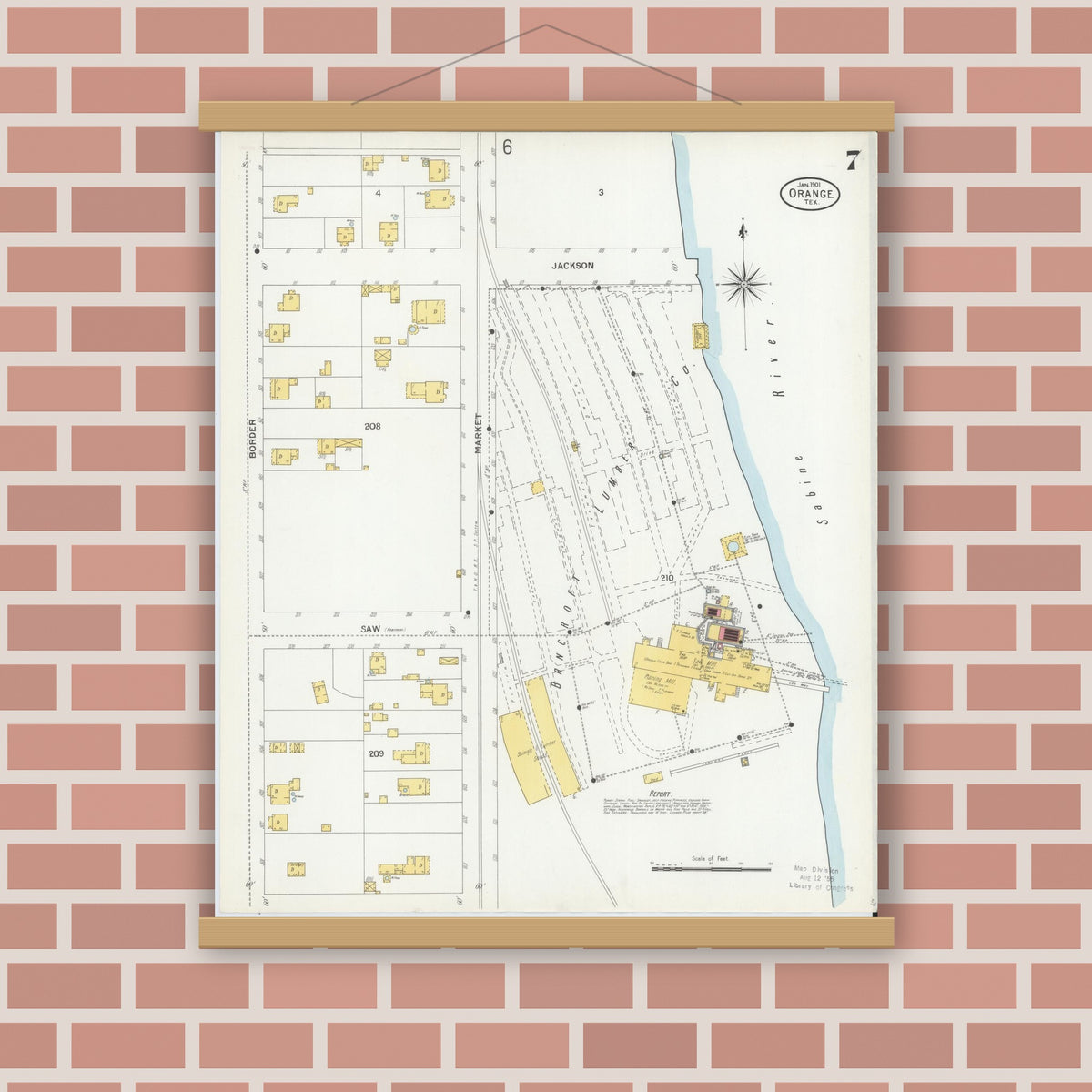 Old map wall art mockup — magnetic wood frame on brick wall — Sanborn Fire Insurance Map from Orange, Orange County, Texas (1901), Sheet #0007