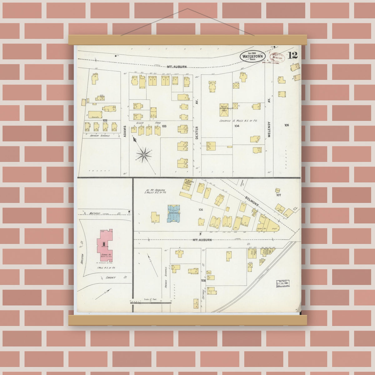 Old map wall art mockup — magnetic wood frame on brick wall — Sanborn Fire Insurance Map from Watertown, Middlesex County, Massachusetts (1899), Sheet #0012