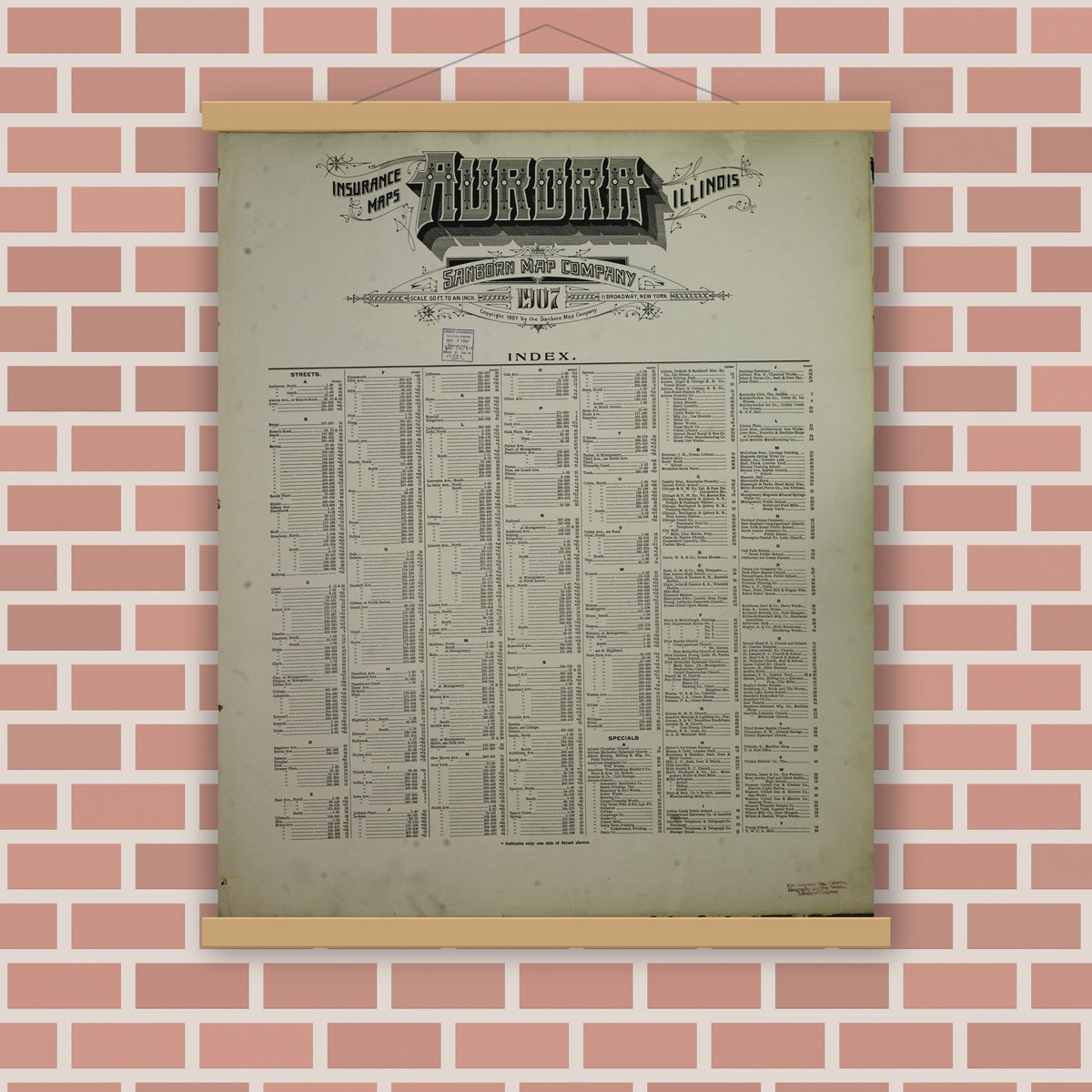 Old map wall art mockup — magnetic wood frame on brick wall — Sanborn Fire Insurance Map from Aurora, Kane County, Illinois (1907), Sheet #0001