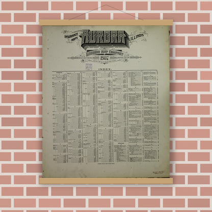 Old map wall art mockup — magnetic wood frame on brick wall — Sanborn Fire Insurance Map from Aurora, Kane County, Illinois (1907), Sheet #0001