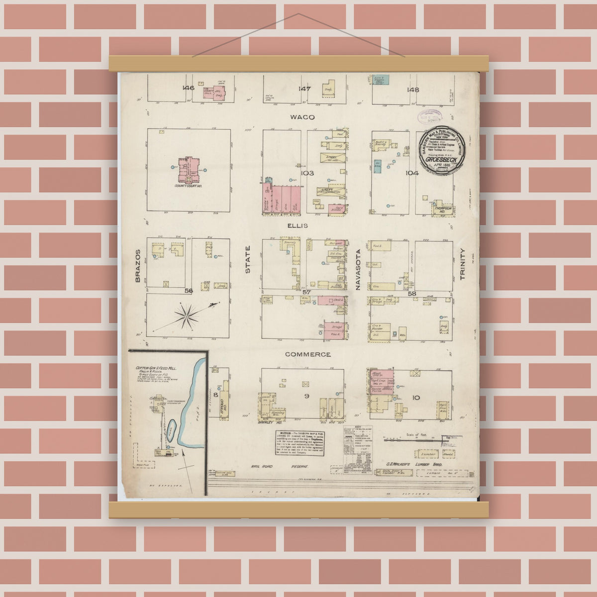 Old map wall art mockup — magnetic wood frame on brick wall — Sanborn Fire Insurance Map from Groesbeck, Limestone County, Texas (1885), Sheet #0001