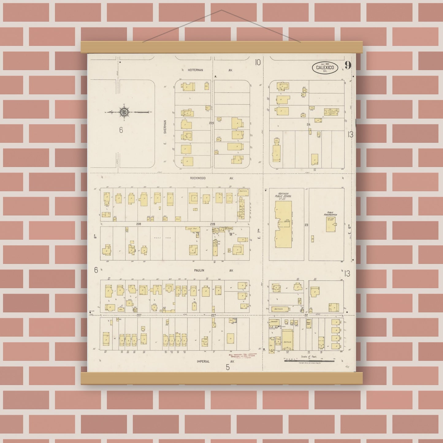 Old map wall art mockup — magnetic wood frame on brick wall — Sanborn Fire Insurance Map from Calexico, Imperial County, California (1920), Sheet #0009