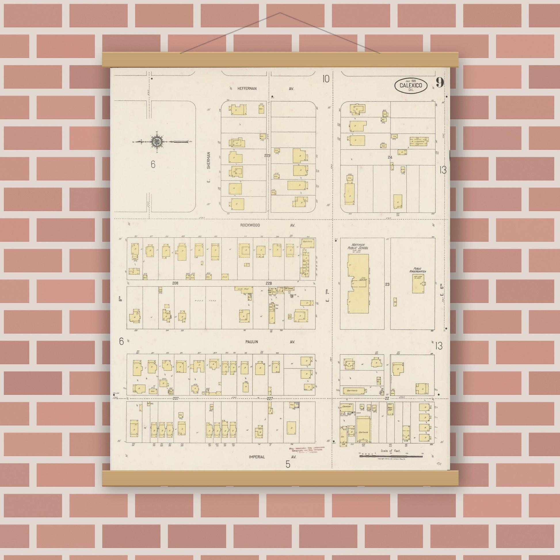 Old map wall art mockup — magnetic wood frame on brick wall — Sanborn Fire Insurance Map from Calexico, Imperial County, California (1920), Sheet #0009