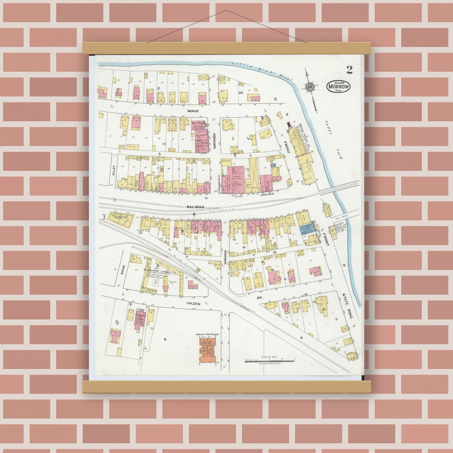 Old map wall art mockup — magnetic wood frame on brick wall — Sanborn Fire Insurance Map from Morrow, Warren County, Ohio (1919), Sheet #0002