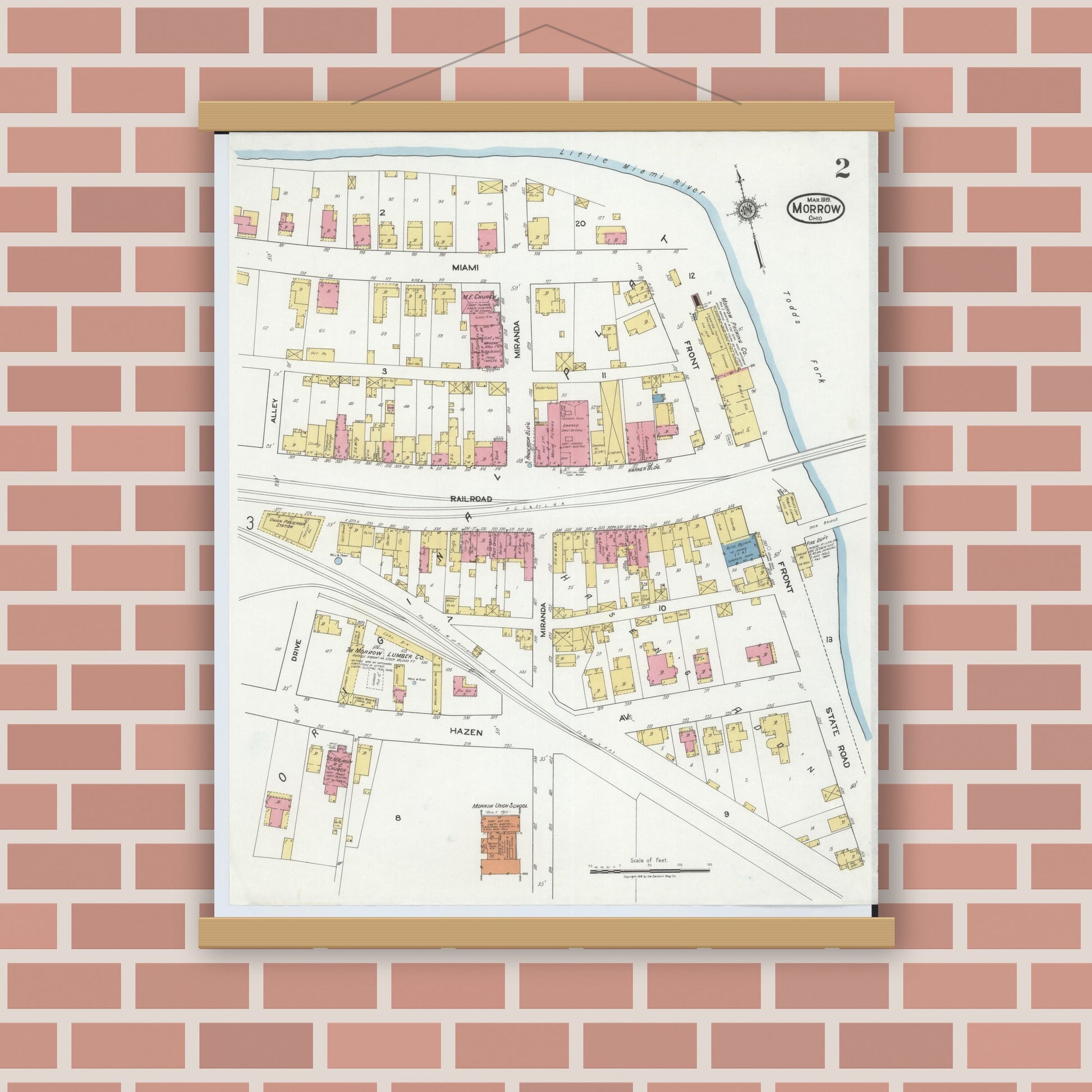 Old map wall art mockup — magnetic wood frame on brick wall — Sanborn Fire Insurance Map from Morrow, Warren County, Ohio (1919), Sheet #0002