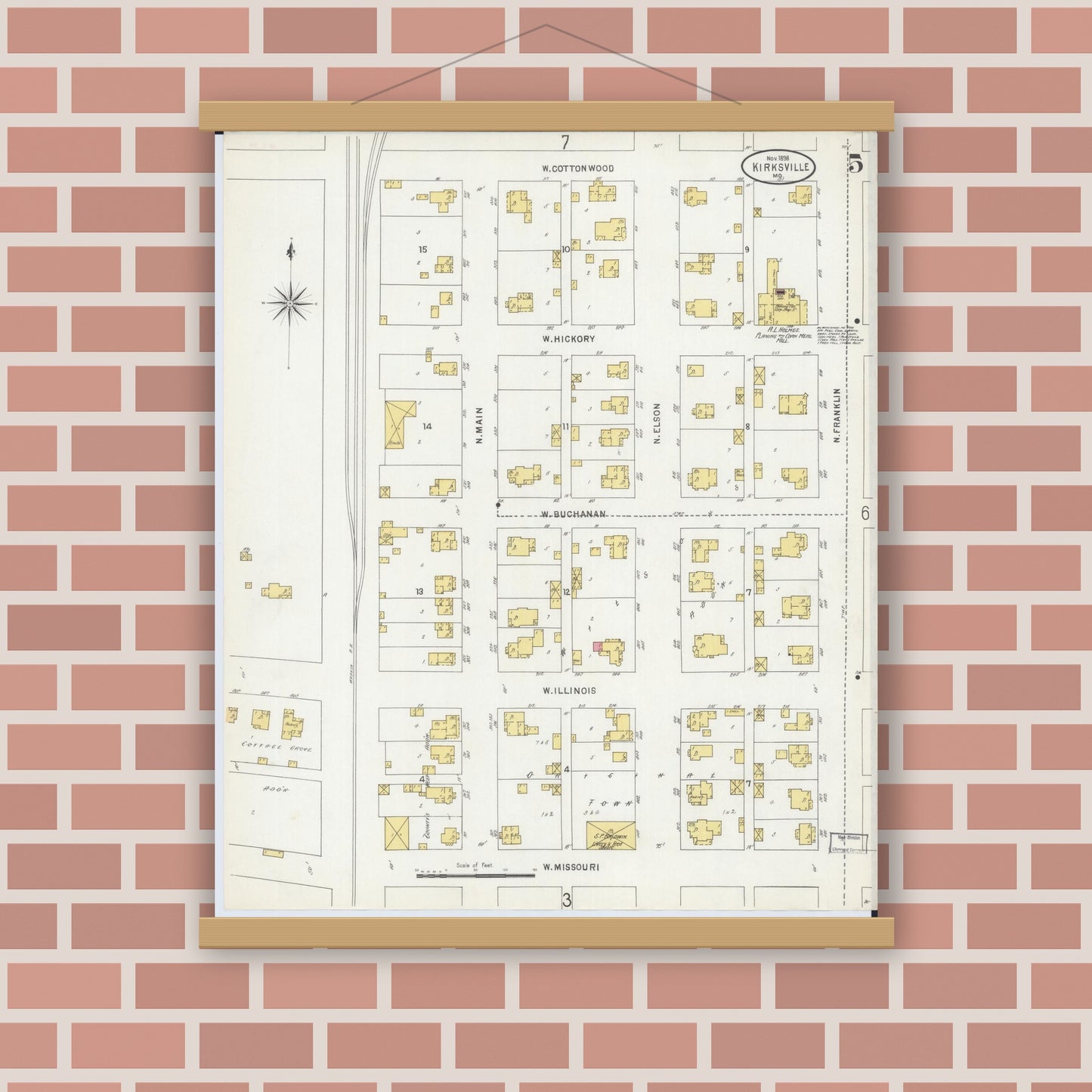 Old map wall art mockup — magnetic wood frame on brick wall — Sanborn Fire Insurance Map from Kirksville, Adair County, Missouri (1898), Sheet #0005