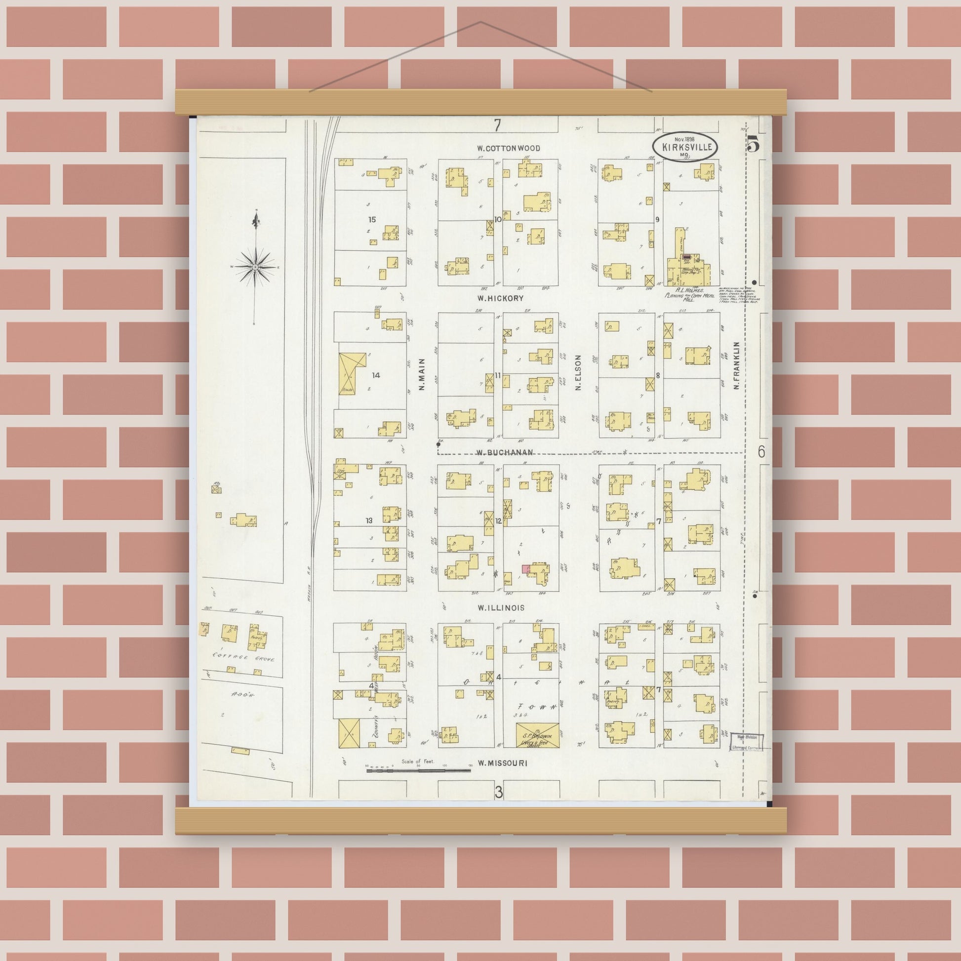 Old map wall art mockup — magnetic wood frame on brick wall — Sanborn Fire Insurance Map from Kirksville, Adair County, Missouri (1898), Sheet #0005