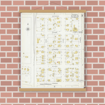 Old map wall art mockup — magnetic wood frame on brick wall — Sanborn Fire Insurance Map from Kirksville, Adair County, Missouri (1898), Sheet #0005