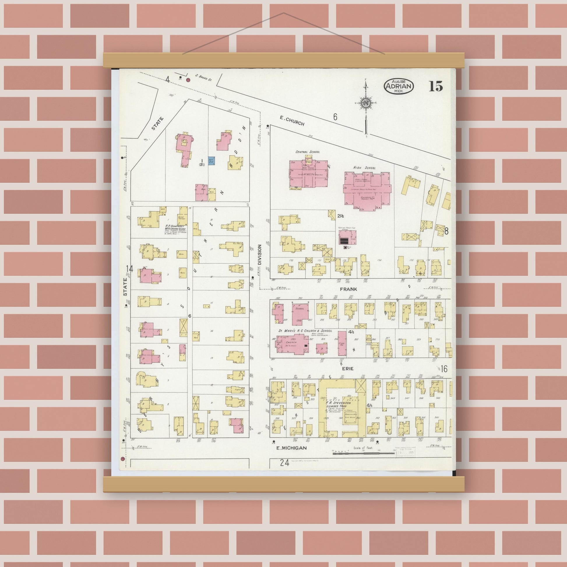 Old map wall art mockup — magnetic wood frame on brick wall — Sanborn Fire Insurance Map from Adrian, Lenawee County, Michigan (1916), Sheet #0015